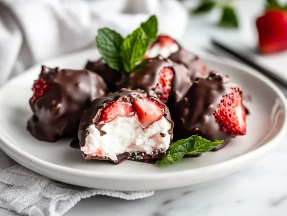 Chocolate Strawberry Cottage Cheese Dessert Clusters Coated In Chocolate On A White Plate With Fresh Mint Leaves.