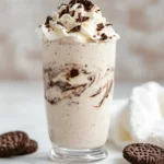 Cookies And Cream Protein Shake Topped With Whipped Cream And Cookie Crumbs In A Tall Glass On A Marble Countertop