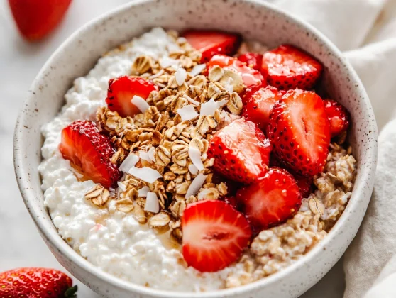 Cottage Cheese Breakfast Bowl: A High-Protein, Healthy Start 2 Cottage Cheese Breakfast Bowl Topped With Roasted Strawberries And Coconut Flakes, Drizzled With Maple Syrup