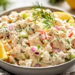 Creamy Cottage Cheese Chicken Salad In A Bowl Garnished With Fresh Dill And Lemon, Showcasing Colorful Vegetables.