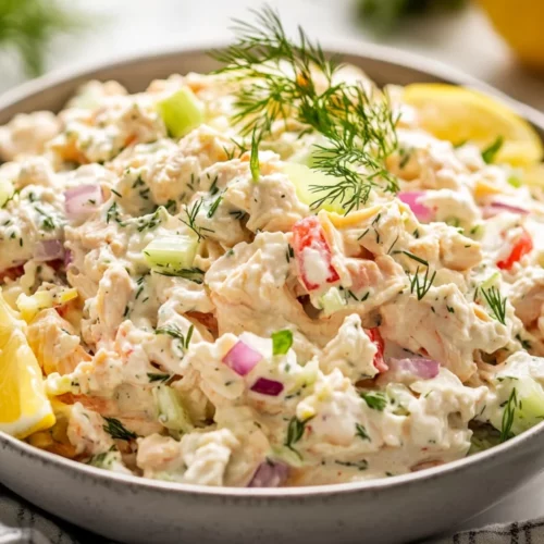 Creamy Cottage Cheese Chicken Salad – Healthy &Amp; Easy Recipe 2 Creamy Cottage Cheese Chicken Salad In A Bowl Garnished With Fresh Dill And Lemon, Showcasing Colorful Vegetables.