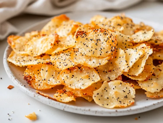 Crispy Cottage Cheese Chips On A White Plate, Topped With Everything Bagel Seasoning And A Warm Background