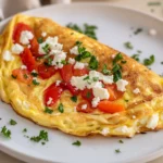 Fluffy Cottage Cheese Omelette On A White Plate, Filled With Bell Peppers And Feta, Garnished With Parsley