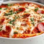 Cottage Cheese Pizza Bowl Topped With Melted Mozzarella And Turkey Pepperoni In A White Bowl