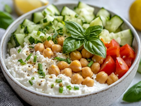 Vibrant Cottage Cheese Salad Bowl Topped With Chickpeas And Fresh Herbs, Served With Lemon Wedges