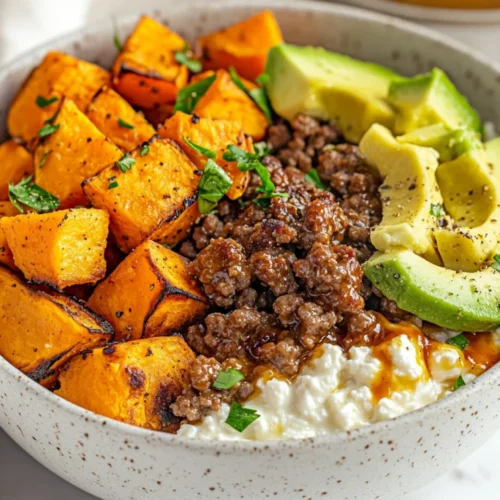 Cottage Cheese Sweet Potato Bowl – A Nutritious, Flavorful Dinner 2 Cottage Cheese Sweet Potato Bowl Topped With Ground Beef, Avocado, And Hot Honey, In A White Bowl On A Neutral Background