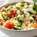 Couscous Salad In A White Bowl Topped With Feta Cheese, Tomatoes, And Parsley, Drizzled With Lemon Dressing