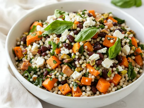 Couscous Salad With Lime Dressing - Healthy &Amp; Flavorful Recipe 2 Couscous Salad With Lime Dressing In A White Bowl, Topped With Feta, Sweet Potatoes, Spinach, And Pistachios