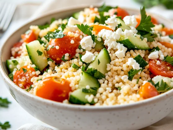Couscous Salad In A White Bowl Topped With Feta Cheese, Tomatoes, And Parsley, Drizzled With Lemon Dressing
