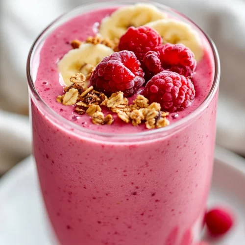 Cranberry Smoothie In A Clear Glass Topped With Raspberries And Banana Slices, Served On A White Plate