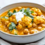 Bowl Of Creamy Cauliflower Chickpea Curry Topped With Fresh Coriander And A Drizzle Of Vegan Cream