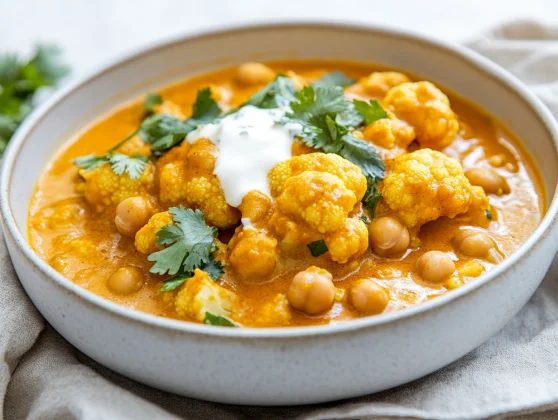 Creamy Cauliflower Chickpea Curry: A Healthy, Flavorful Dinner 2 Bowl Of Creamy Cauliflower Chickpea Curry Topped With Fresh Coriander And A Drizzle Of Vegan Cream