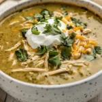 Bowl Of Creamy Green Enchilada Chicken Soup Topped With Sour Cream And Cilantro Garnishes