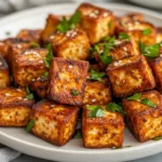 Crispy Baked Tofu Cubes On A White Plate Garnished With Fresh Parsley And Sesame Seeds