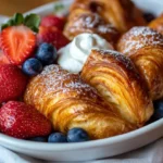 Croissant French Toast Bake Served On A White Plate, Topped With Fresh Berries And Whipped Cream, Dusted With Powdered Sugar