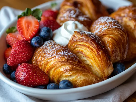 The Best Croissant French Toast Bake With Berries Recipe 2 Croissant French Toast Bake Served On A White Plate, Topped With Fresh Berries And Whipped Cream, Dusted With Powdered Sugar
