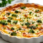 A Slice Of Crustless Quiche With Cheese And Broccoli On A White Plate, Garnished With Parsley
