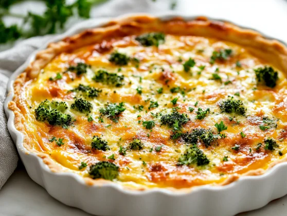 The Best Crustless Quiche Recipe For A Healthy, Easy Breakfast 2 A Slice Of Crustless Quiche With Cheese And Broccoli On A White Plate, Garnished With Parsley