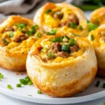 Crispy Egg And Sausage Breakfast Rolls On A White Plate Garnished With Fresh Green Onions