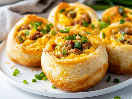 Delicious Egg And Sausage Breakfast Rolls For Busy Mornings 2 Crispy Egg And Sausage Breakfast Rolls On A White Plate Garnished With Fresh Green Onions