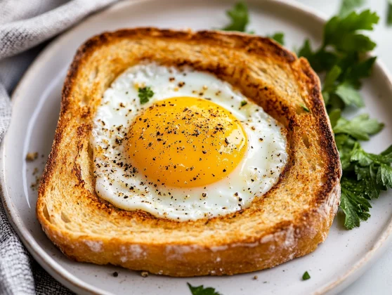 Easy And Healthy Egg In A Hole Recipe For A Quick Breakfast 2 Golden Egg In A Hole Served On A White Plate With Cracked Pepper And Parsley Garnishes
