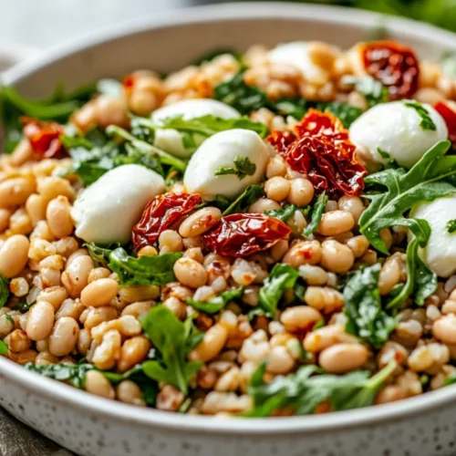 Farro Salad With Basil Dressing: A Nutritious &Amp; Flavorful Meal 2 Close-Up Of Farro Salad With Basil Dressing In A White Bowl, Garnished With Mozzarella And Arugula