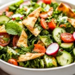 Colorful Fattoush Salad In A White Bowl, Topped With Baked Pita Chips And Fresh Herbs
