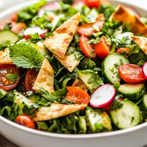 Colorful Fattoush Salad In A White Bowl, Topped With Baked Pita Chips And Fresh Herbs