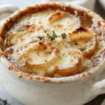 Bowl Of French Onion Soup Melting Onions Topped With Melted Cheese And Crispy Breadcrumbs, Garnished With Thyme