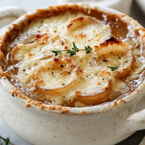 Bowl Of French Onion Soup Melting Onions Topped With Melted Cheese And Crispy Breadcrumbs, Garnished With Thyme
