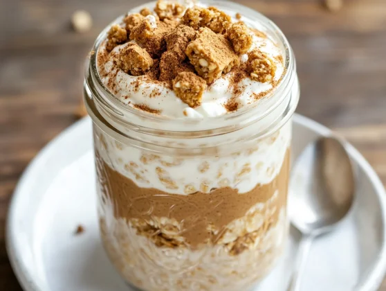 Gingerbread Overnight Oats: A Healthy Breakfast Packed With Flavor 2 Mason Jar Of Gingerbread Overnight Oats Topped With Greek Yogurt And Gingerbread Cookie Crumbs On A White Plate.