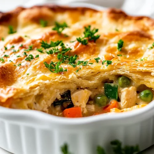 Golden Gluten Free Chicken Pot Pie Casserole In A White Dish, Garnished With Parsley And Surrounded By Vegetables