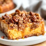 Warm Gluten-Free Pumpkin French Toast Casserole On A White Plate Topped With Pecans And Maple Glaze