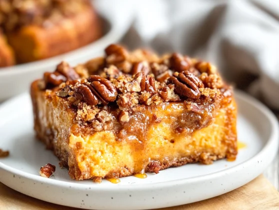 Gluten-Free Pumpkin French Toast Casserole: The Best Winter Breakfast 2 Warm Gluten-Free Pumpkin French Toast Casserole On A White Plate Topped With Pecans And Maple Glaze