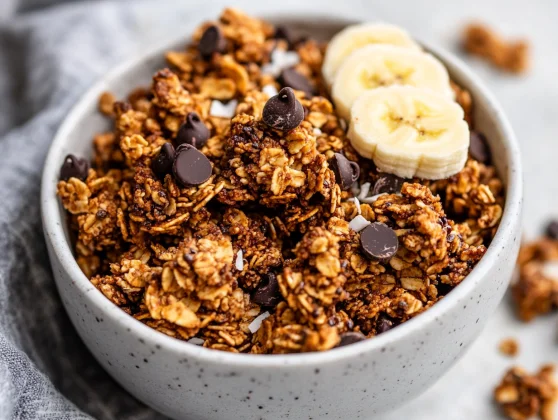 Grain-Free Banana Bread Granola – Healthy &Amp; Easy Clusters 2 Bowl Of Grain-Free Banana Bread Granola With Dark Chocolate Chips And Banana Slices, Garnished With Flaxseeds