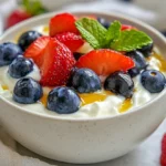 Bowl Of Greek Yogurt With Fresh Berries Topped With Honey And Mint Leaves On A White Plate.