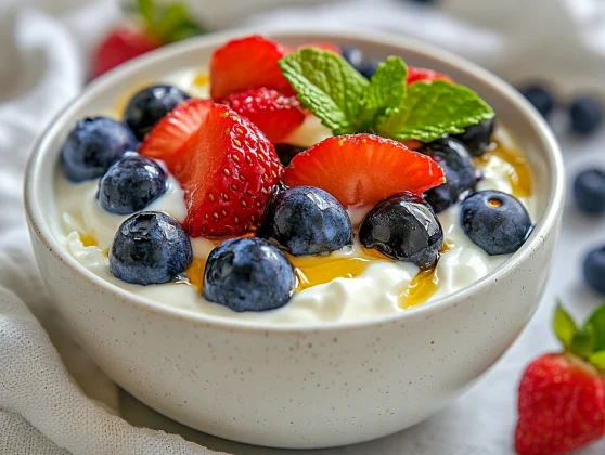 Greek Yogurt With Fresh Berries: A Healthy Breakfast Favorite 2 Bowl Of Greek Yogurt With Fresh Berries Topped With Honey And Mint Leaves On A White Plate.