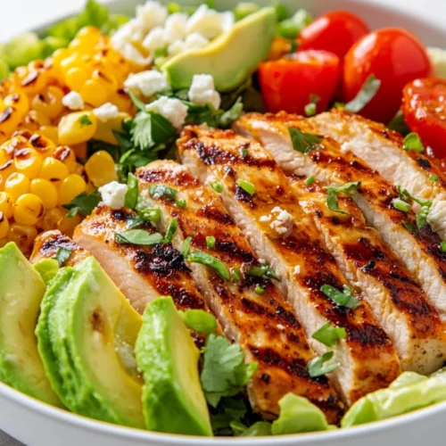 Grilled Chicken Salad Served In A White Bowl Topped With Avocado, Grilled Corn, And Honey Mustard Dressing