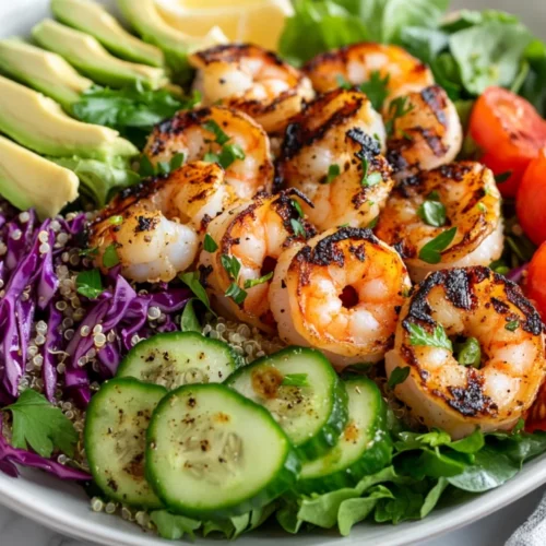Grilled Shrimp Salad: A Healthy &Amp; Delicious Protein-Packed Meal 2 Vibrant Grilled Shrimp Salad On A White Plate With Fresh Greens, Avocado, And A Drizzle Of Lemon Vinaigrette
