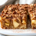 Slice Of Healthy Apple Cake On A White Plate, Topped With Pecans, Showing Moist Apple Chunks And Cinnamon Sprinkle