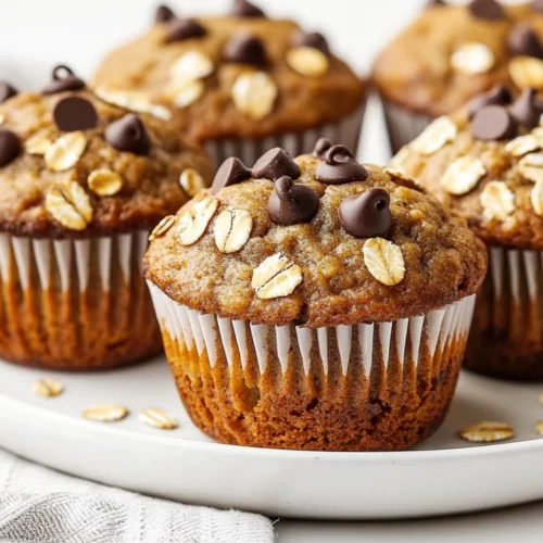 Freshly Baked Healthy Banana Oatmeal Muffins On A White Plate, Topped With Oats And Chocolate Chips