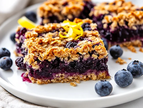 Healthy Blueberry Crumble Bars On A White Plate, Garnished With Fresh Blueberries And Lemon Zest
