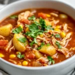 Bowl Of Healthy Brunswick Stew Filled With Chicken, Potatoes, And Vegetables, Garnished With Fresh Parsley.