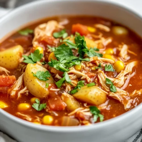 Healthy Brunswick Stew Packed With Flavor And Nutrition 2 Bowl Of Healthy Brunswick Stew Filled With Chicken, Potatoes, And Vegetables, Garnished With Fresh Parsley.