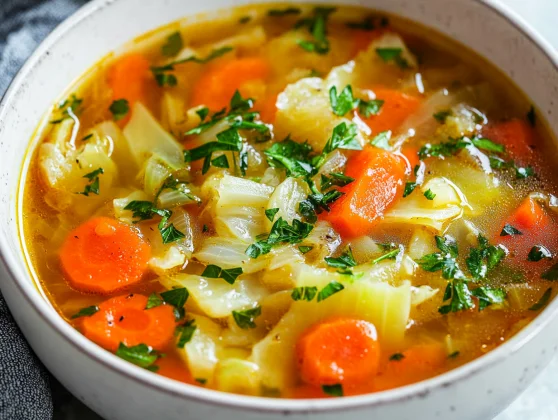 A Bowl Of Healthy Cabbage Soup Garnished With Parsley, Showcasing Vibrant Vegetables In A Warm, Inviting Broth.