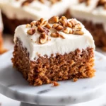 Healthy Carrot Cake Bars Topped With Cream Cheese Frosting And Walnuts On A White Plate