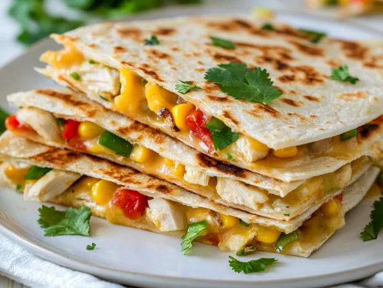 Healthy Chicken Quesadillas - Nutritious And Flavorful Recipe 2 Delicious Healthy Chicken Quesadillas On A White Plate, Garnished With Cilantro And Bursting With Colorful Fillings