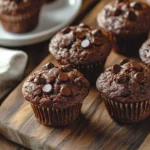 Freshly Baked Healthy Chocolate Zucchini Muffins On A Wooden Cutting Board With Melted Chocolate Chips And Cocoa Dust