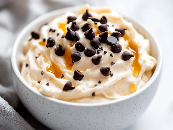 Healthy Cookie Dough With Greek Yogurt: High Protein And Delicious 2 Healthy Cookie Dough With Greek Yogurt Served In A White Bowl, Topped With Dark Chocolate Chips And Honey Drizzle