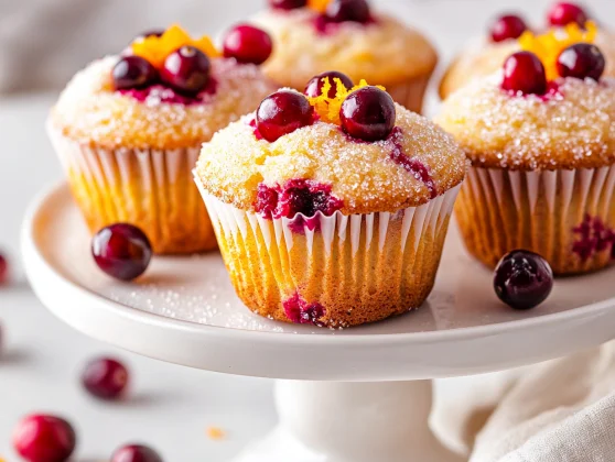 Healthy Cranberry Orange Muffins – Light, Fluffy, And Nutritious 2 Healthy Cranberry Orange Muffins On A White Plate Garnished With Orange Zest, Showcasing Their Golden Tops And Juicy Cranberries.